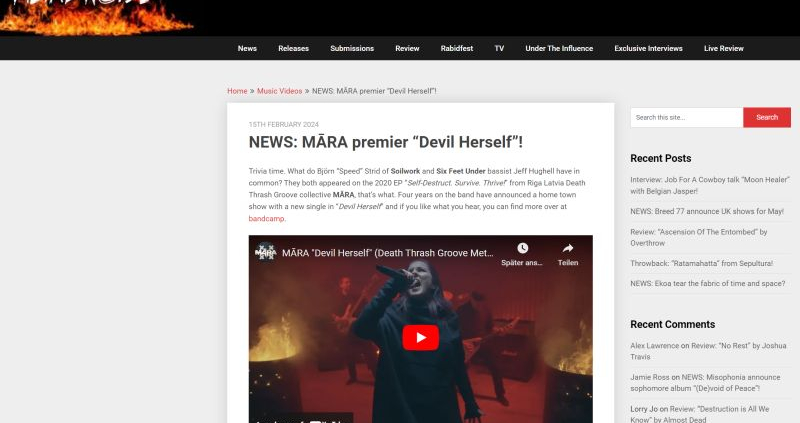 Metal Noise about Mara's new single "Devil Herself"